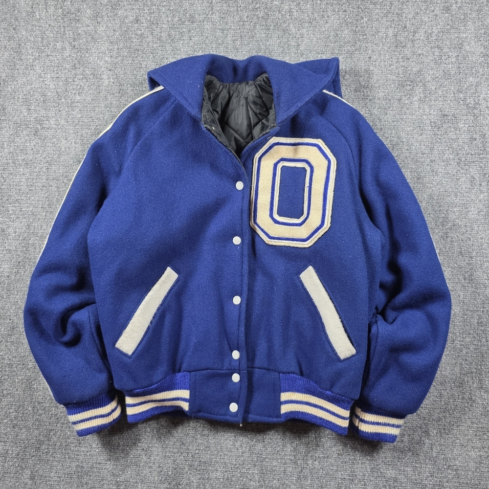 LOGAN KNITTING MILLS 100% WOOL VARSITY JACKET ROYAL BLUE SAILOR COLLAR